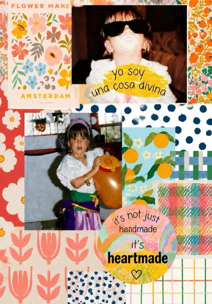 Collage artesanal de Cosa Divina con fotos de infancia, flores y la frase yo soy una cosa divina